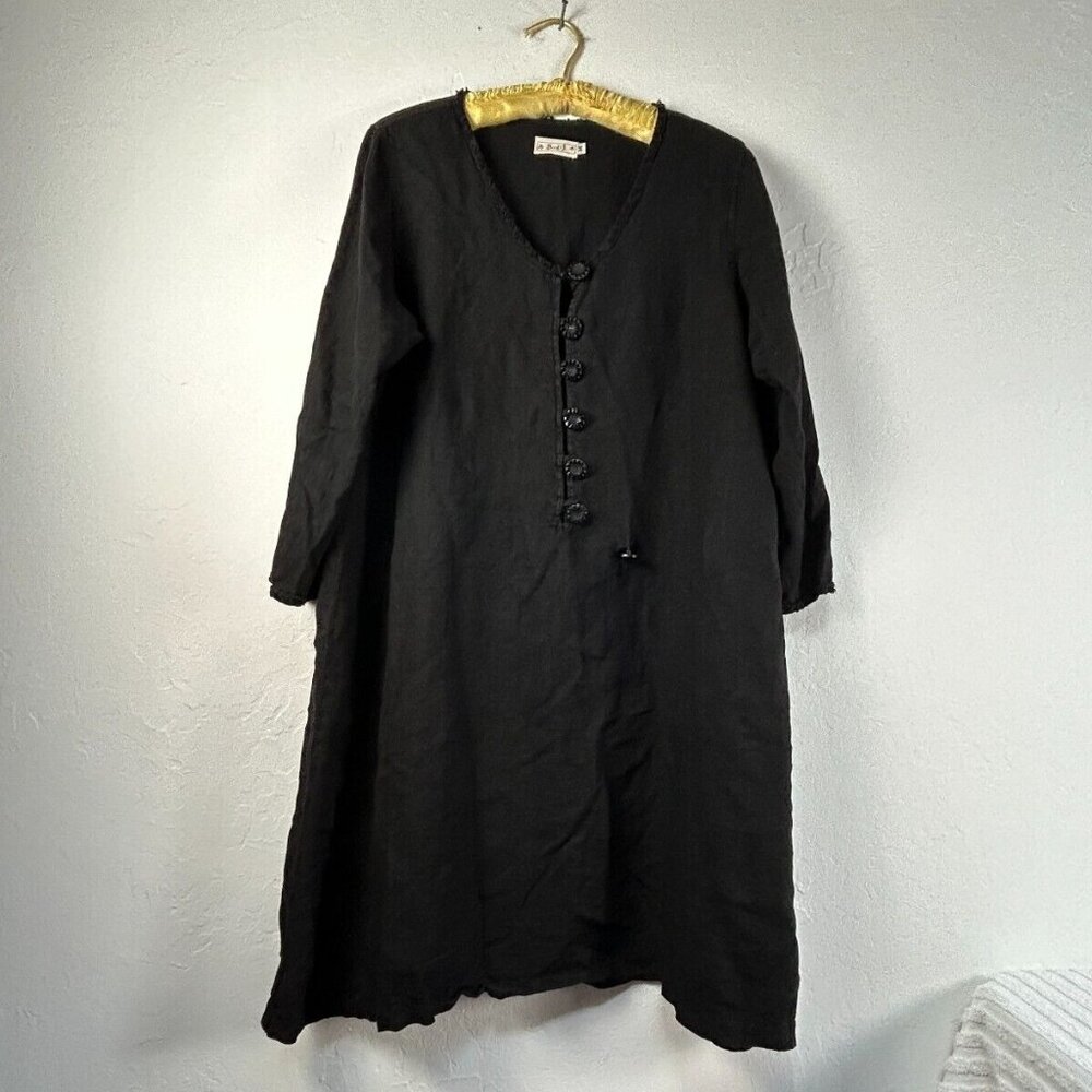 Bodil Womens Size Medium Black Linen V-Neck Button Down Long Sleeves Shift Dress